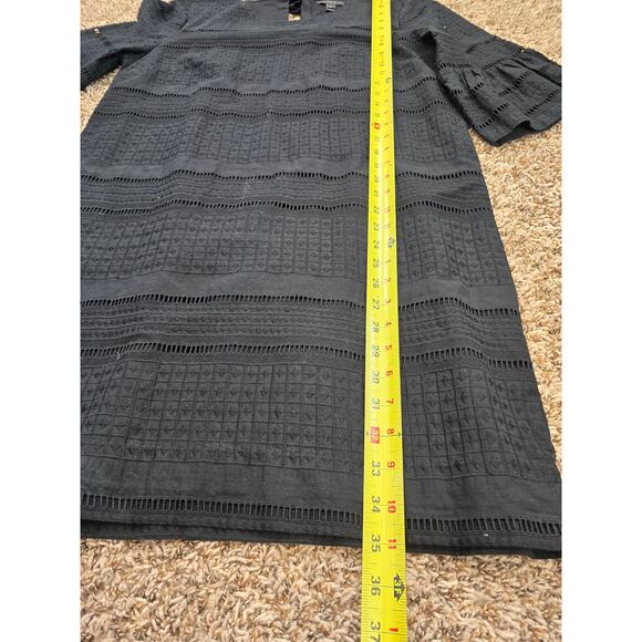 J.Crew Black Eyelet Shift Dress Size 10 | Bell Sleeve | Lined Cotton Boho Preppy - Picture 7 of 8